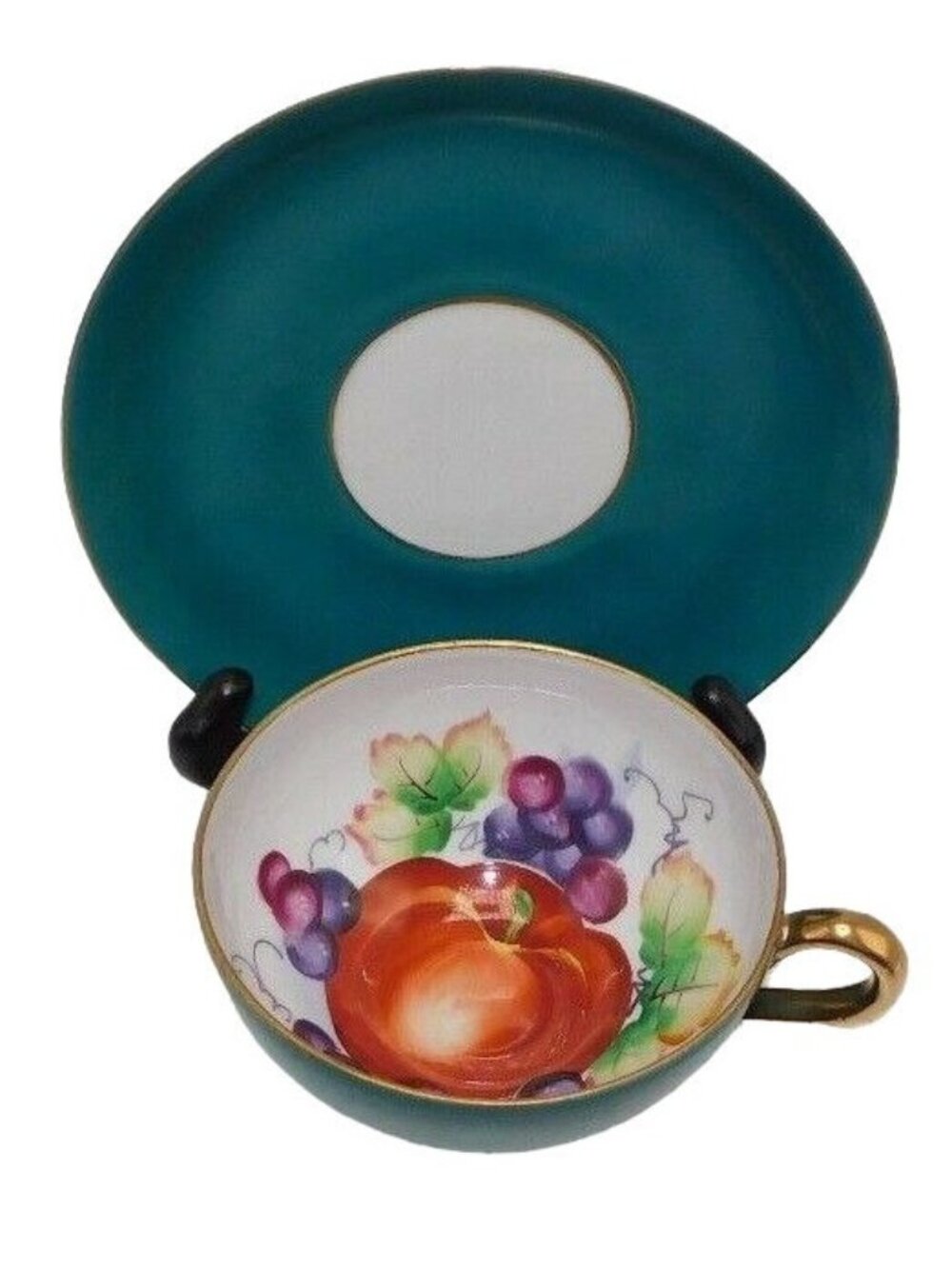 Ucagco China Handpainted Green Gold Fruit Tea Cup Saucer Japan Vintage Elegant